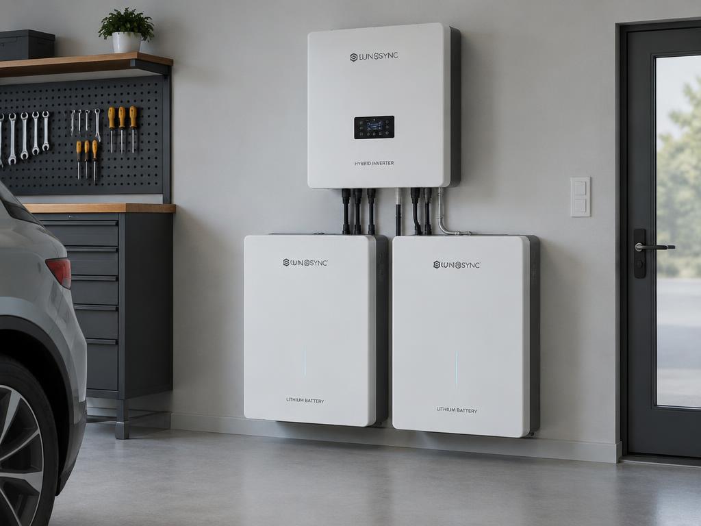 Hybrid inverter and lithium battery backup system mounted on a wall