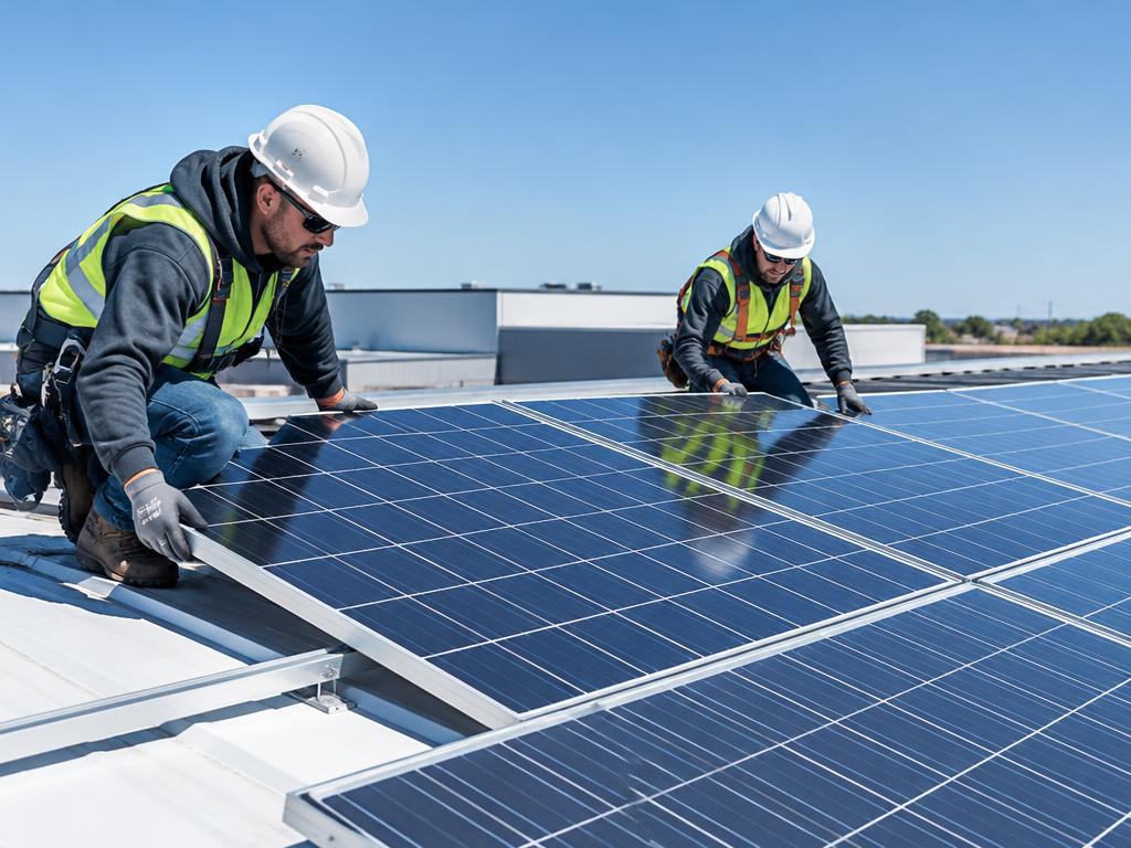 Installers mounting solar panels on a commercial rooftop in South Africa